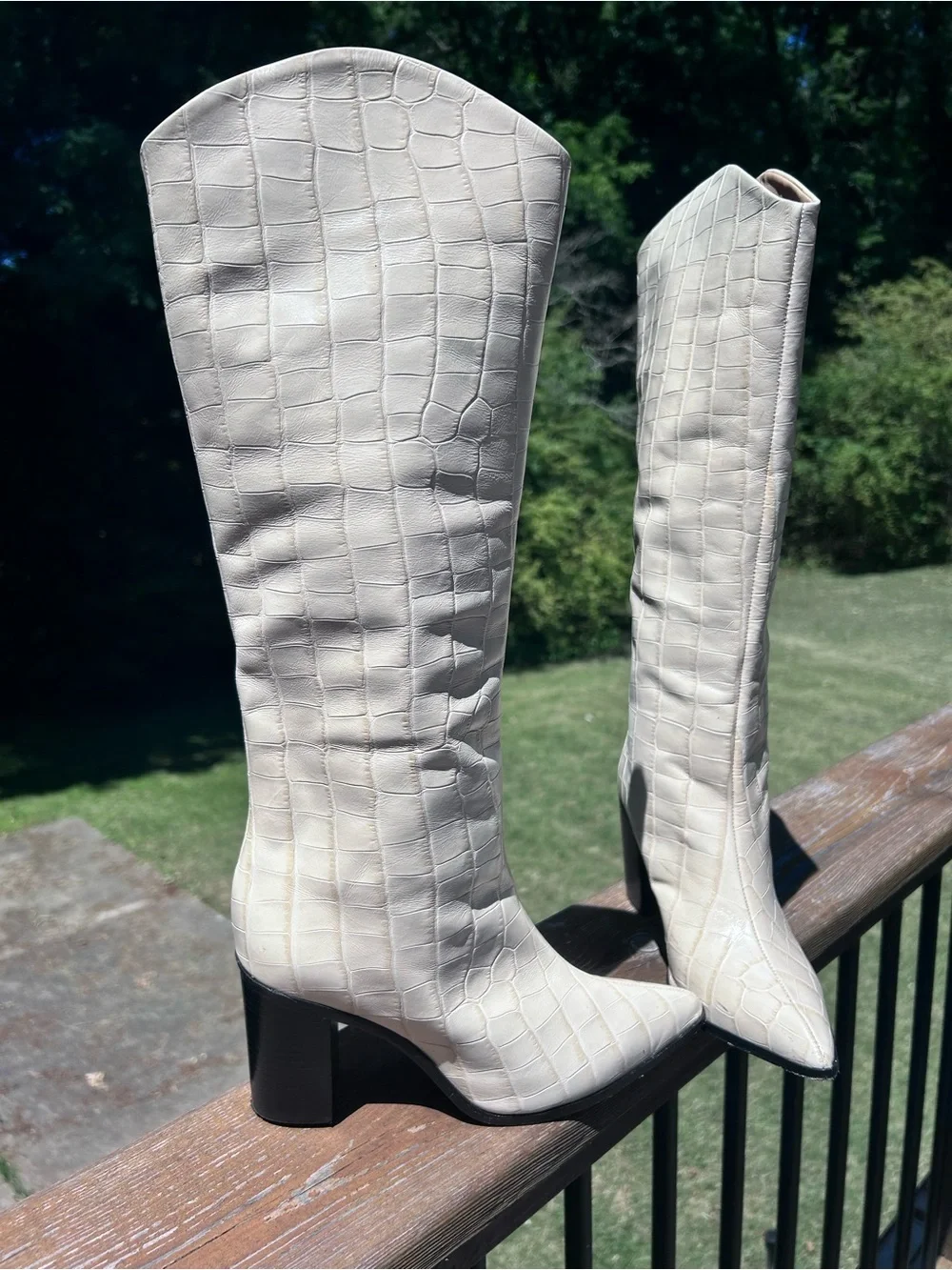 Schutz Maryana Cream Croc-Embossed Block Heel Knee Boot 7